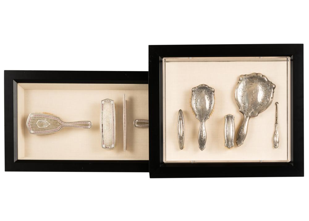 TWO FRAMED SILVER DRESSER SETSTwo