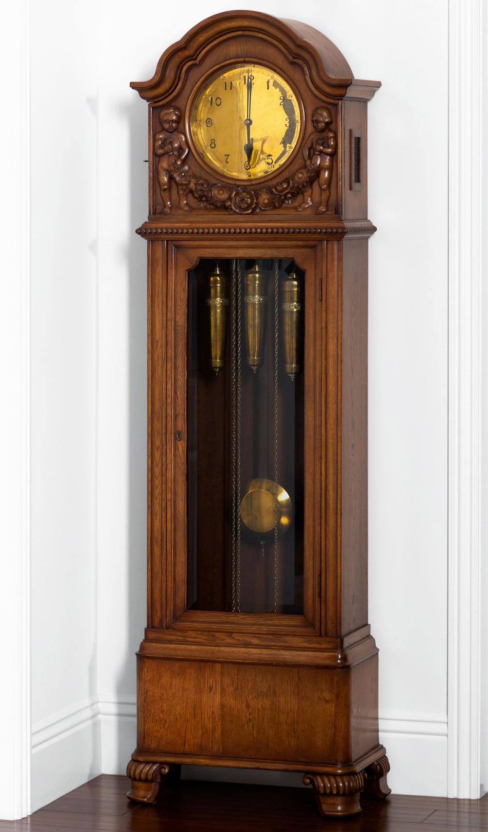 CARVED OAK TALL CASE CLOCKCarved