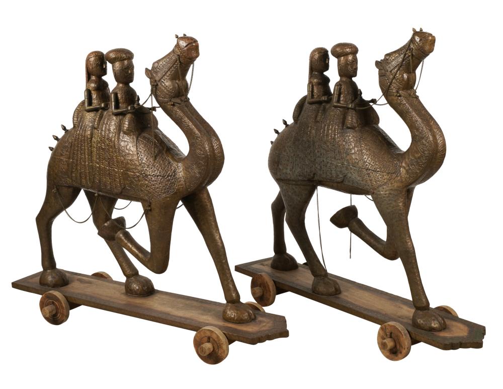 PAIR OF INDIAN BRASS-CLAD CARVED