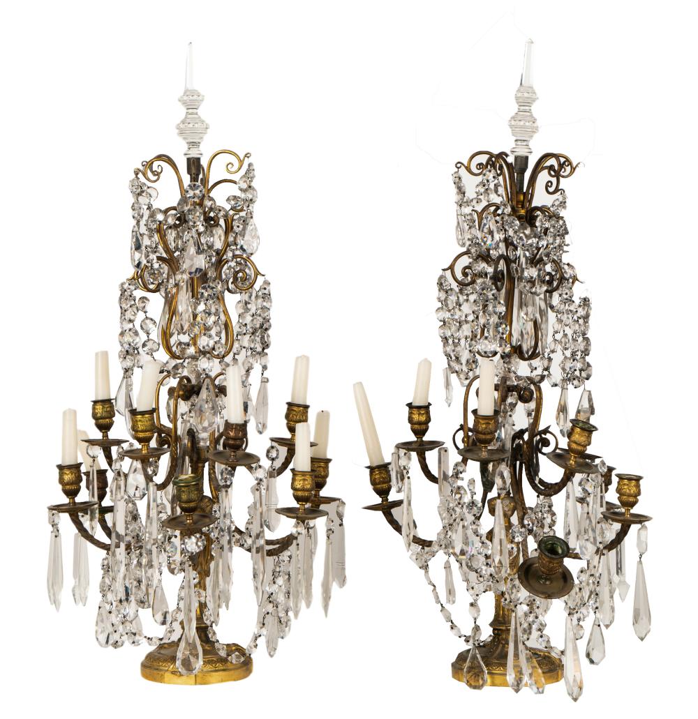 PAIR OF GILT BRONZE AND CRYSTAL
