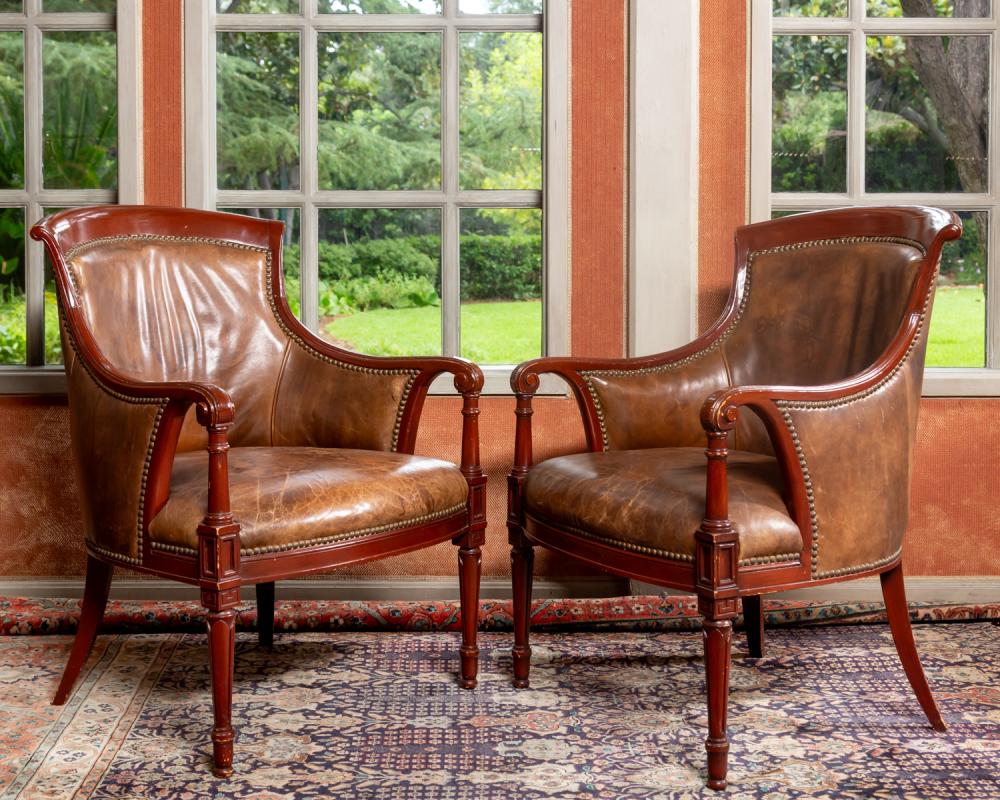 PAIR OF LEATHER-COVERED MAHOGANY