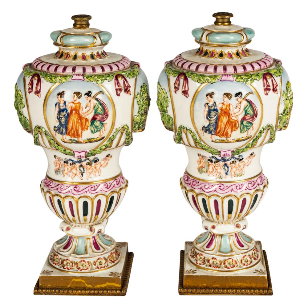 PAIR OF CAPODIMONTE PORCELAIN URNSPair