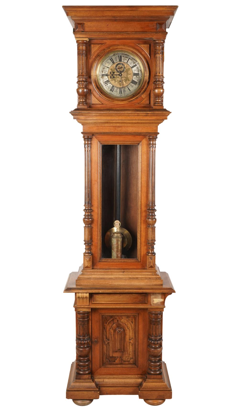 CARVED WALNUT TALL CASE CLOCKCarved