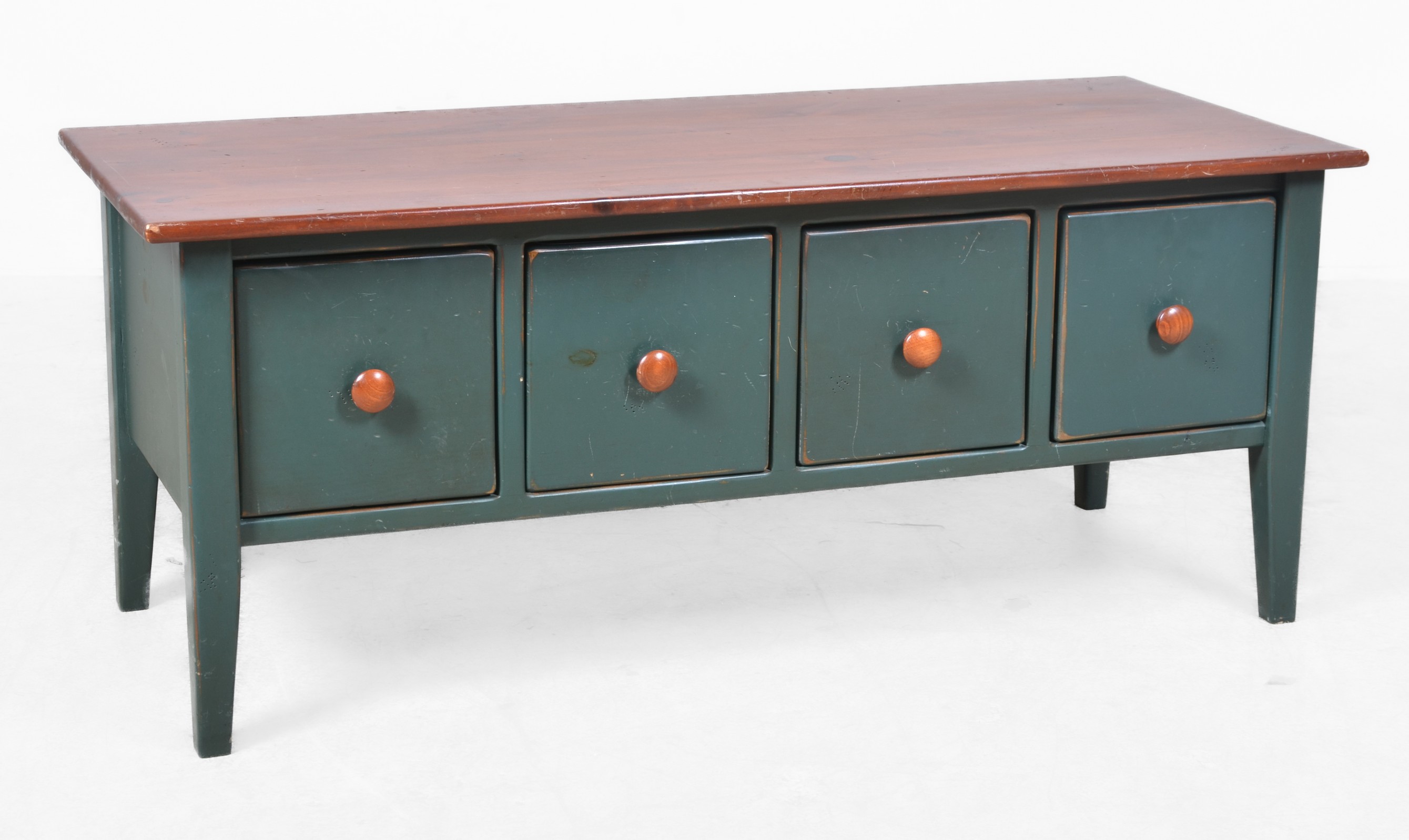 Pine and green painted coffee table,
