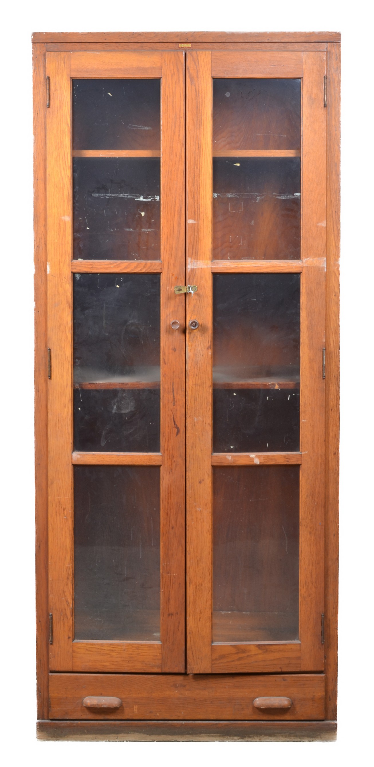Oak 2-door paneled cabinet, two glass