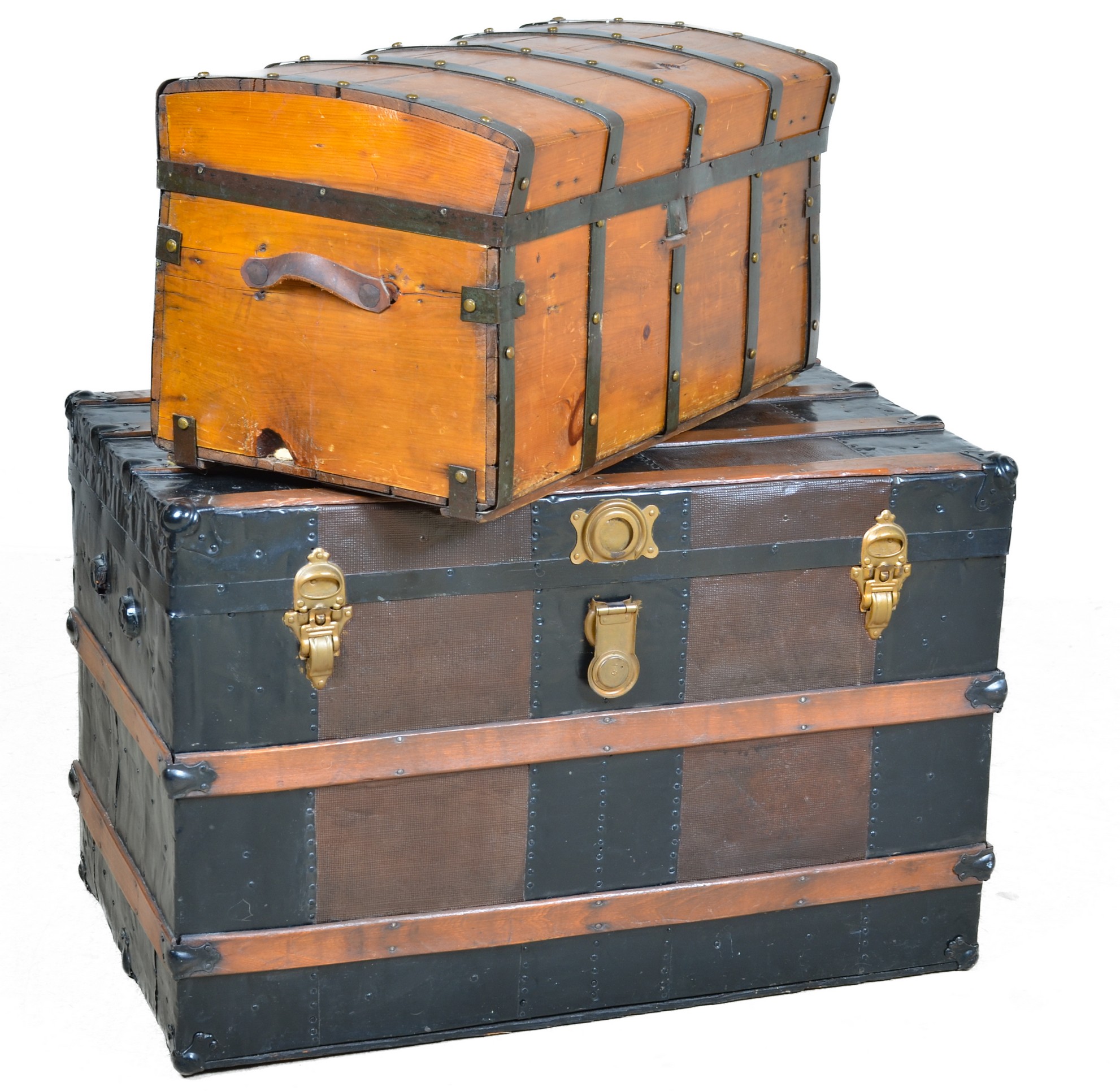Pine and metal strap trunk with