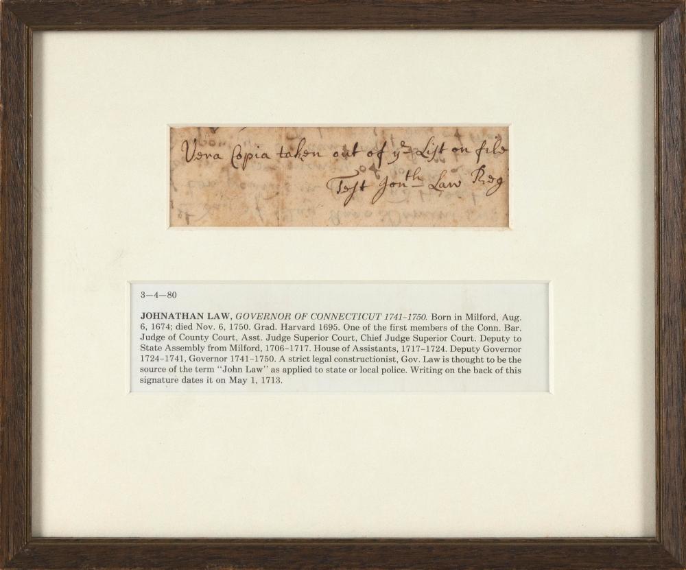 JOHNATHAN LAW AUTOGRAPH DATED 1713
