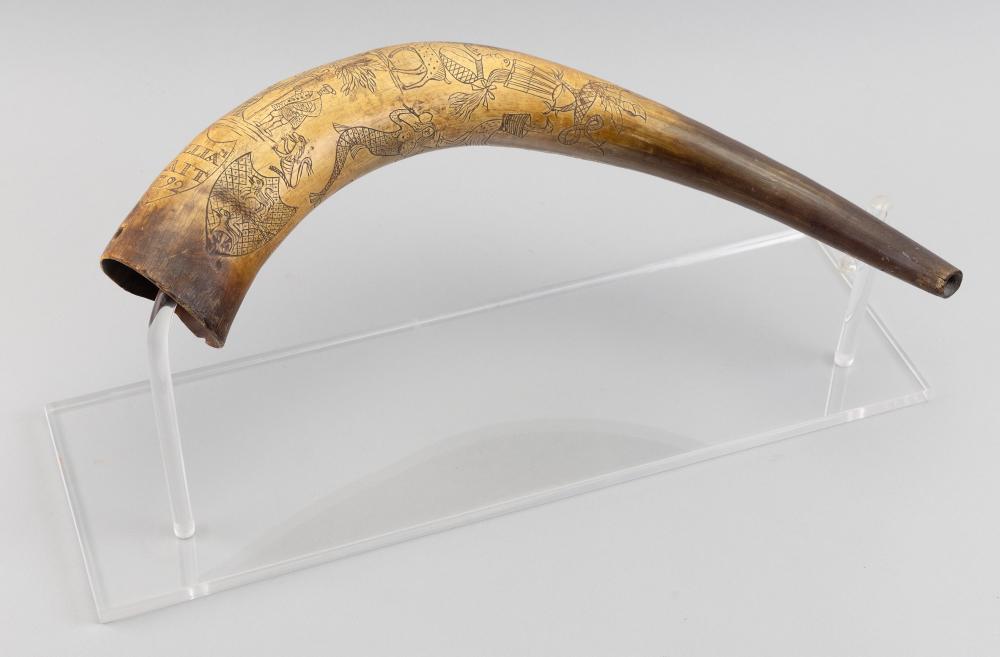 ENGLISH ENGRAVED POWDER HORN DATED