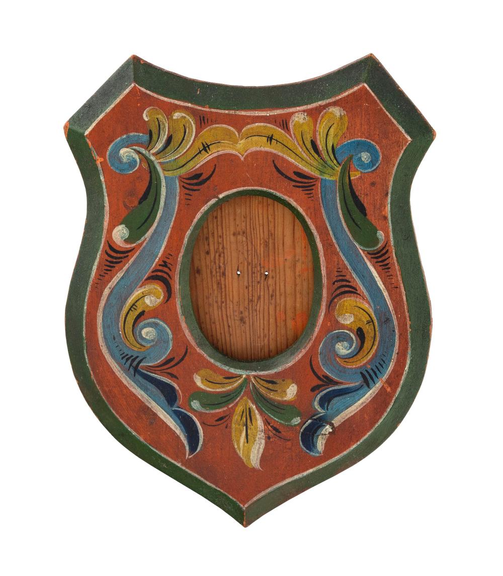 SHIELD-SHAPED PAINTED WOODEN PICTURE