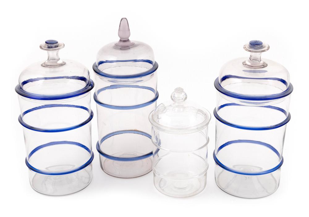 FOUR BLOWN CLEAR GLASS CANISTERS 3b3656