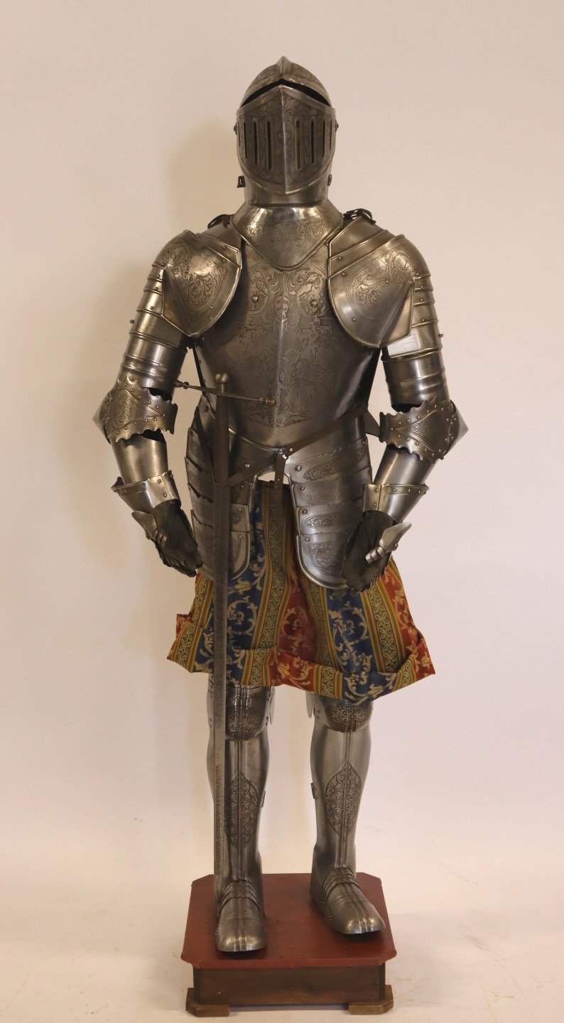 A MEDIEVAL STYLE ENGRAVED STEEL SUIT