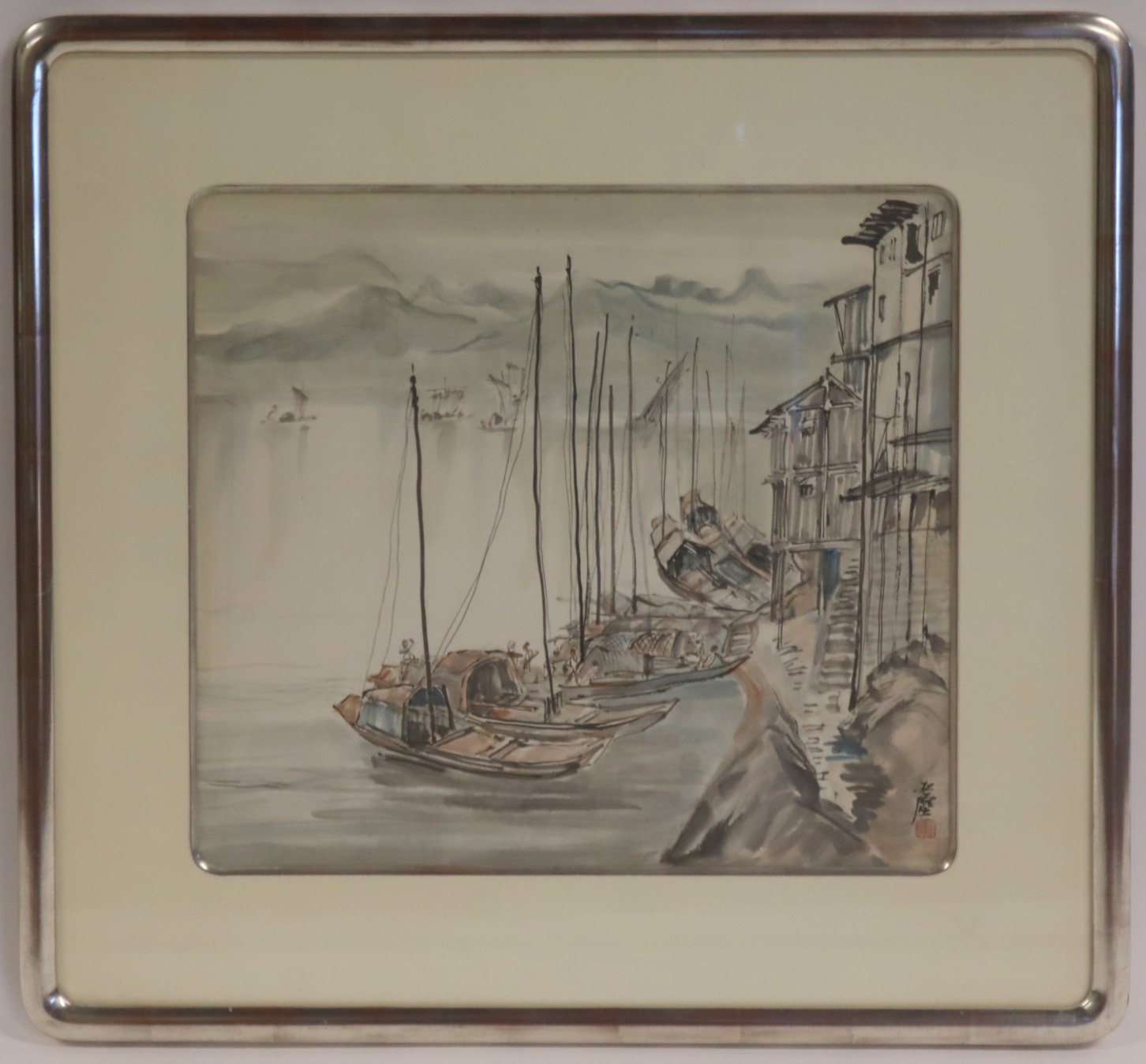 SIGNED CHINESE WATERCOLOR OF SHIPS 3b377a