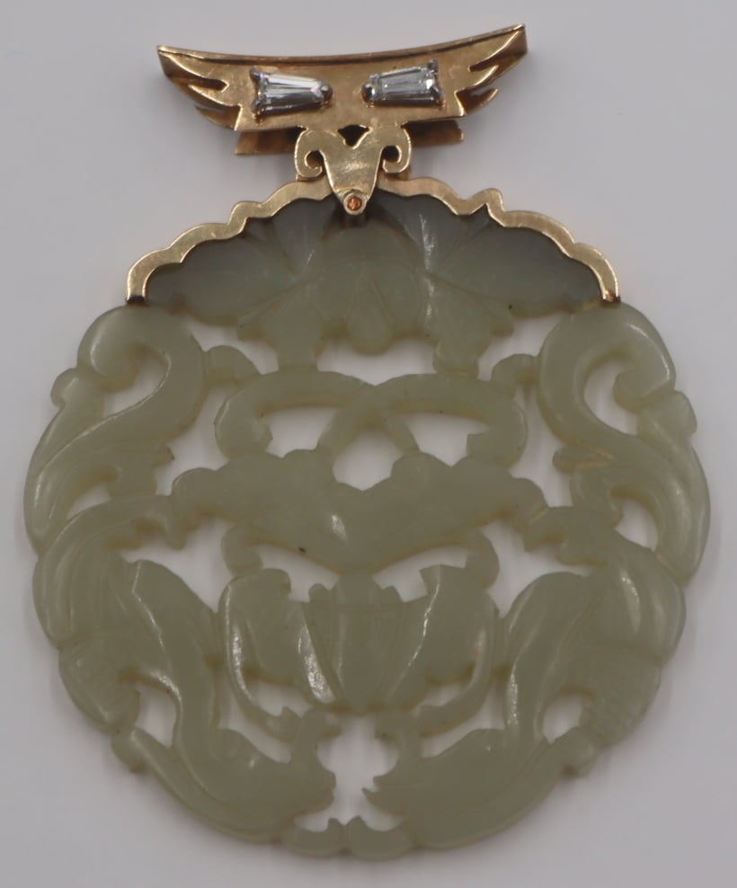 JEWELRY. 14KT GOLD CARVED JADE