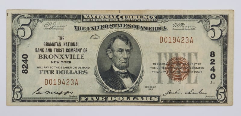 NOTAPHILY. 1929 $5 NATIONAL NOTE