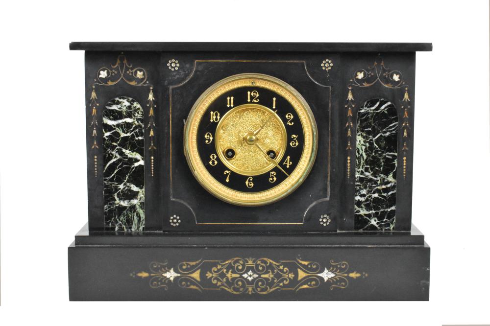 ANTIQUE BLACK SLATE MANTLE CLOCK,