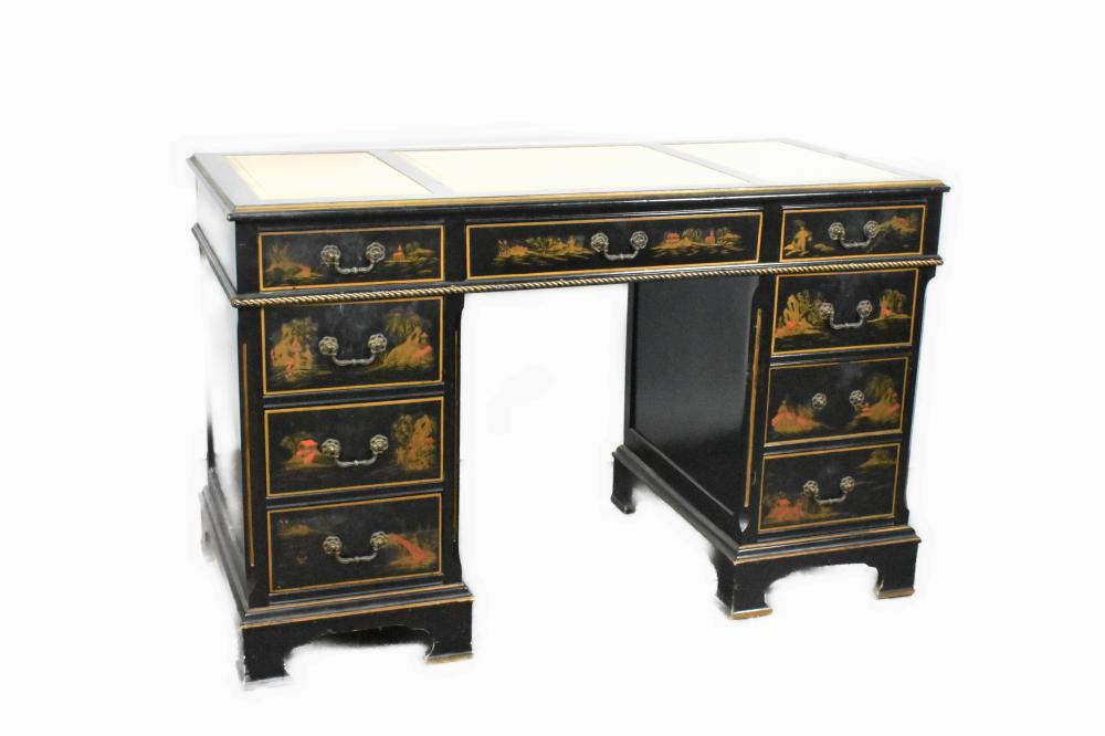 A BLACK JAPANNED PEDESTAL DESK,