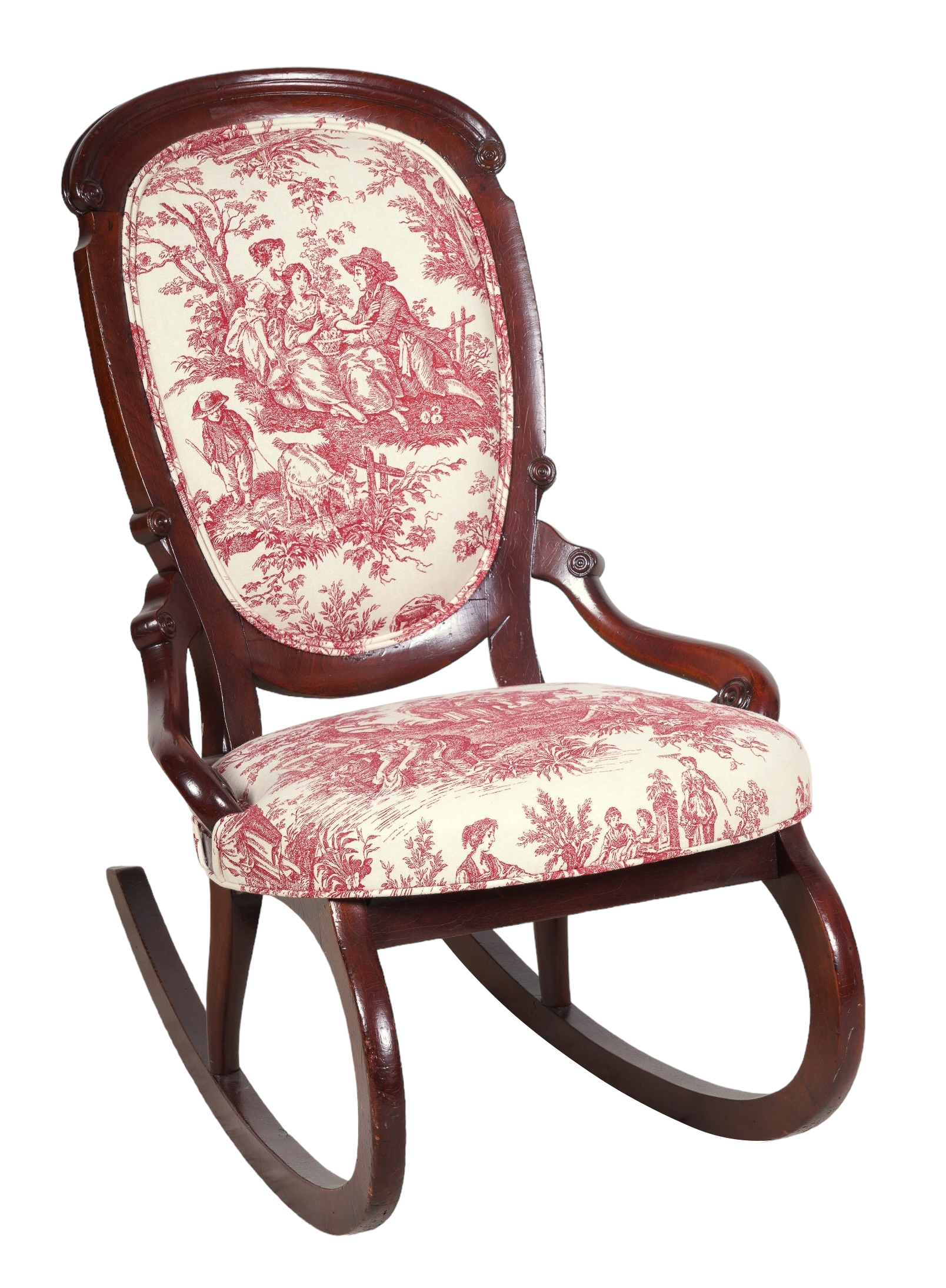 Victorian walnut carved rocker, upholstered