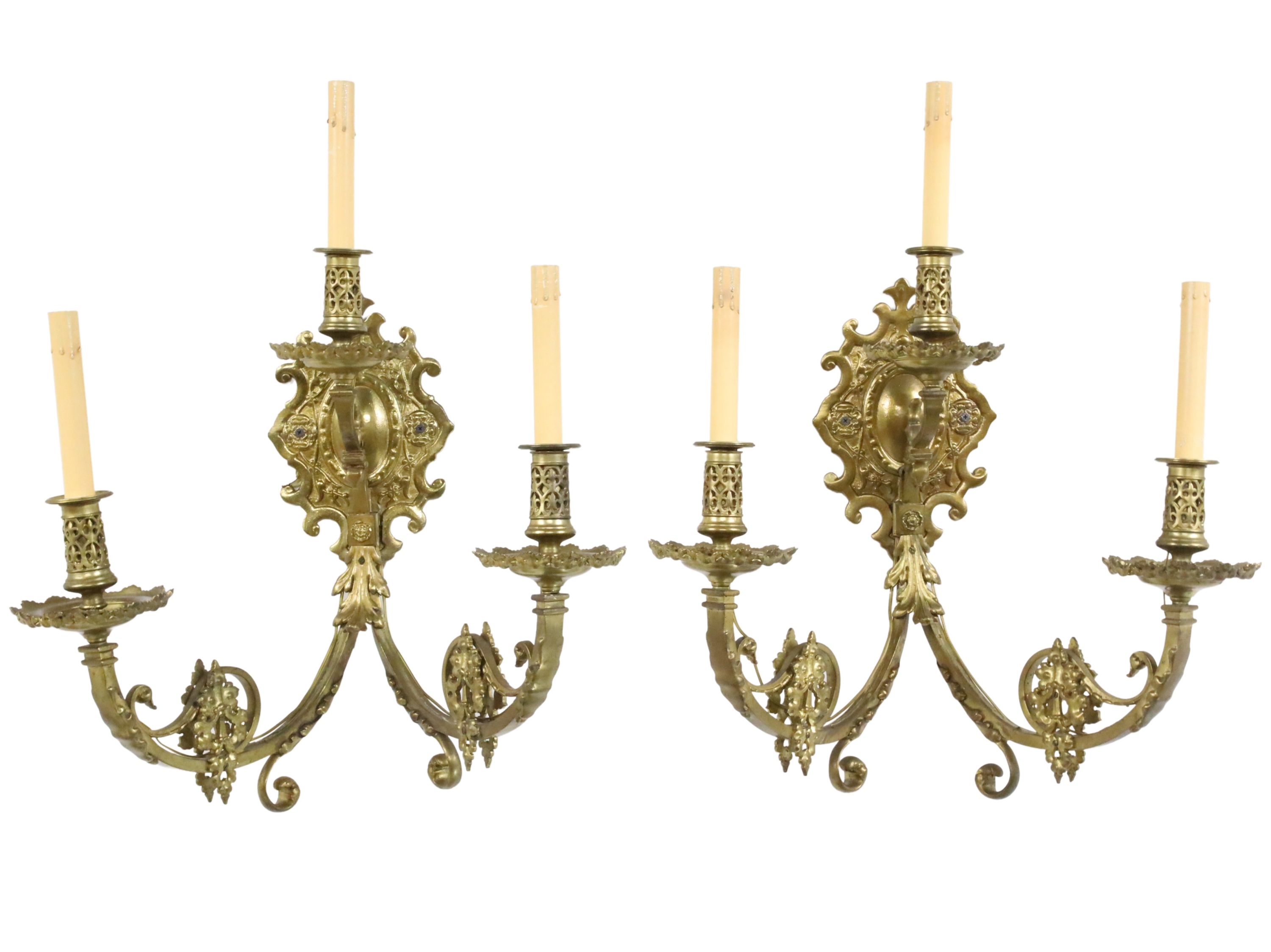 PR OF BRONZE 3 LIGHT WALL SCONCES 3b3a2c