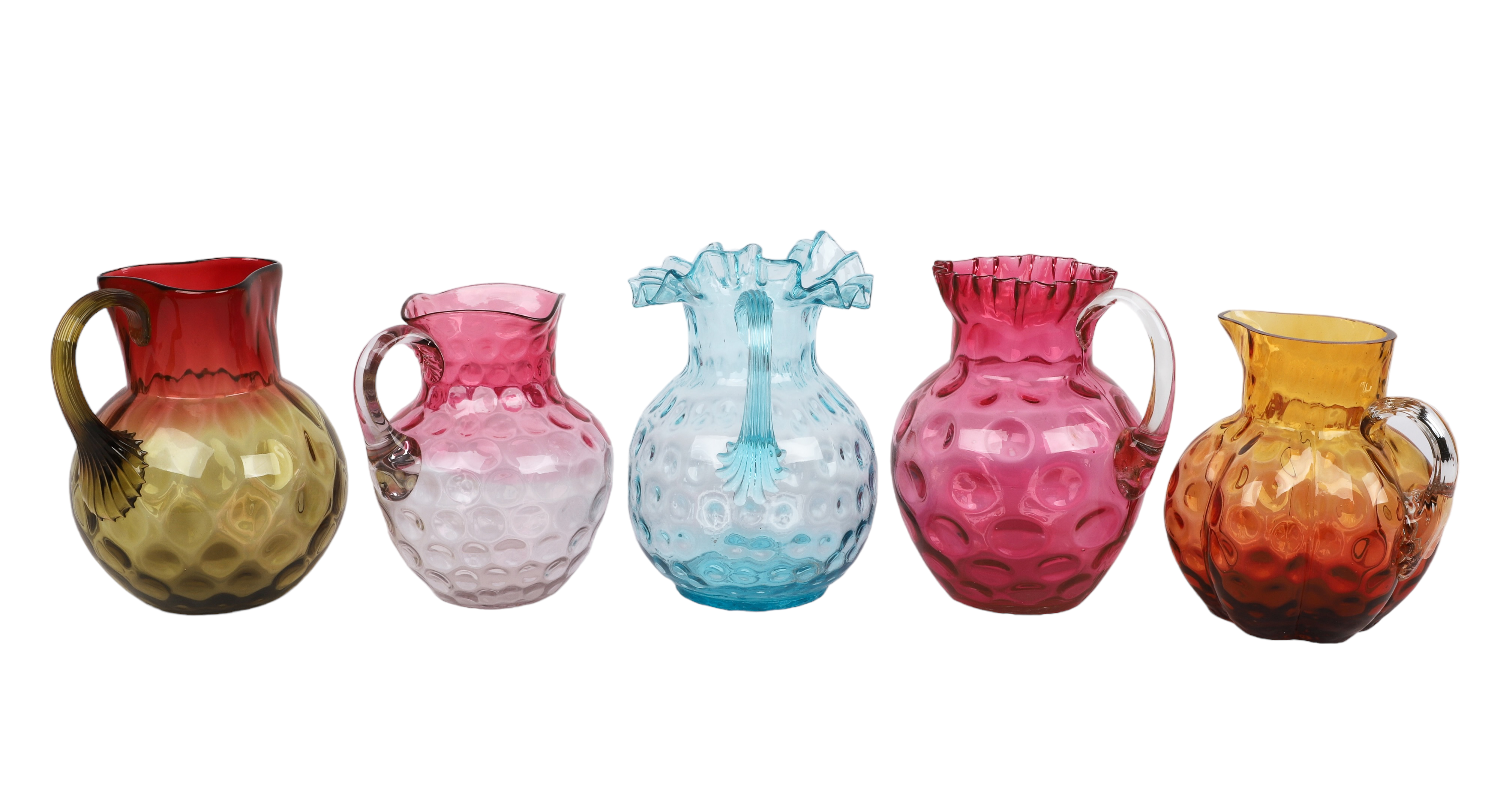 (5) Blown glass thumbprint pitchers,