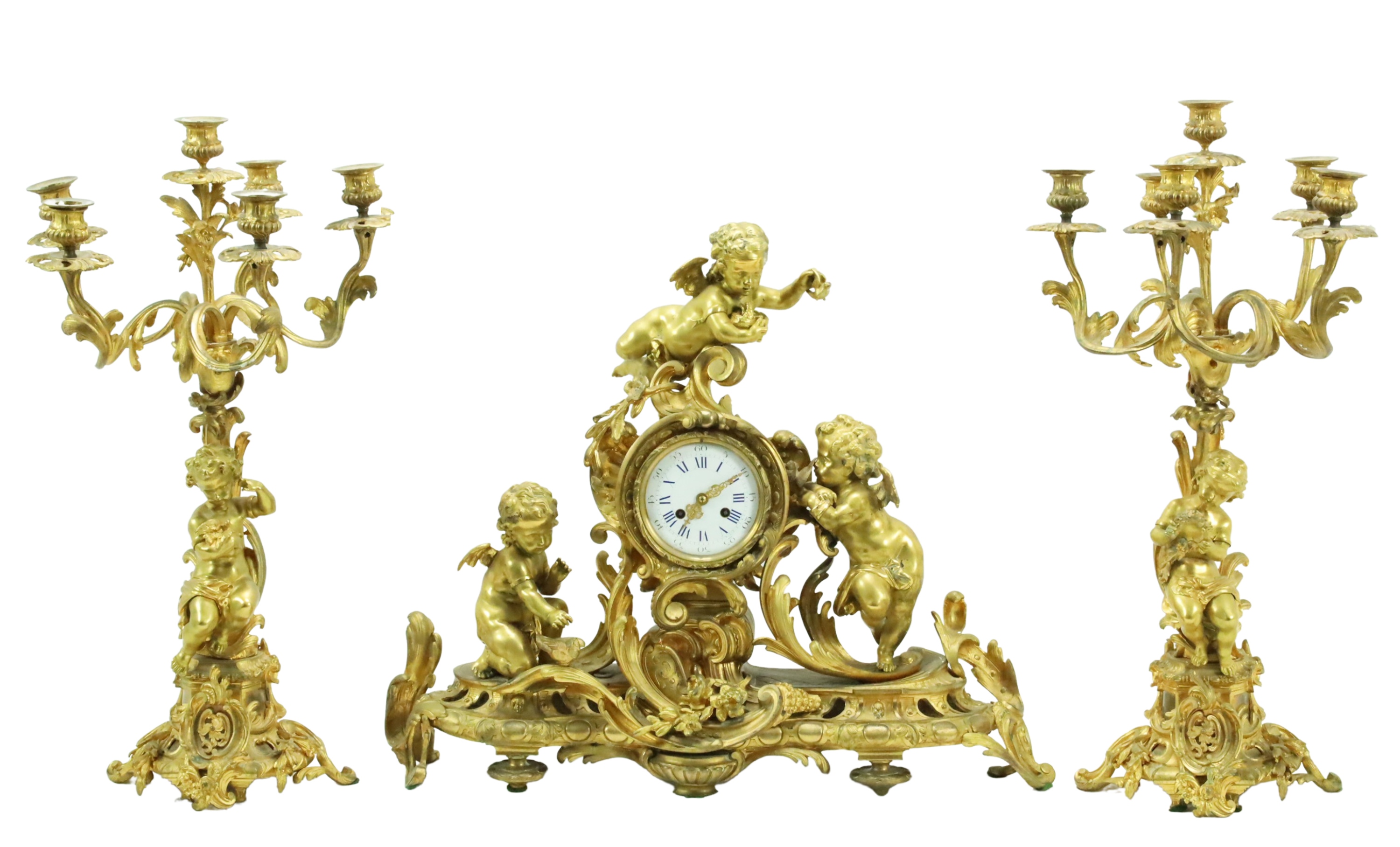 3 PC FRENCH GILT BRONZE CLOCK GARNITURE