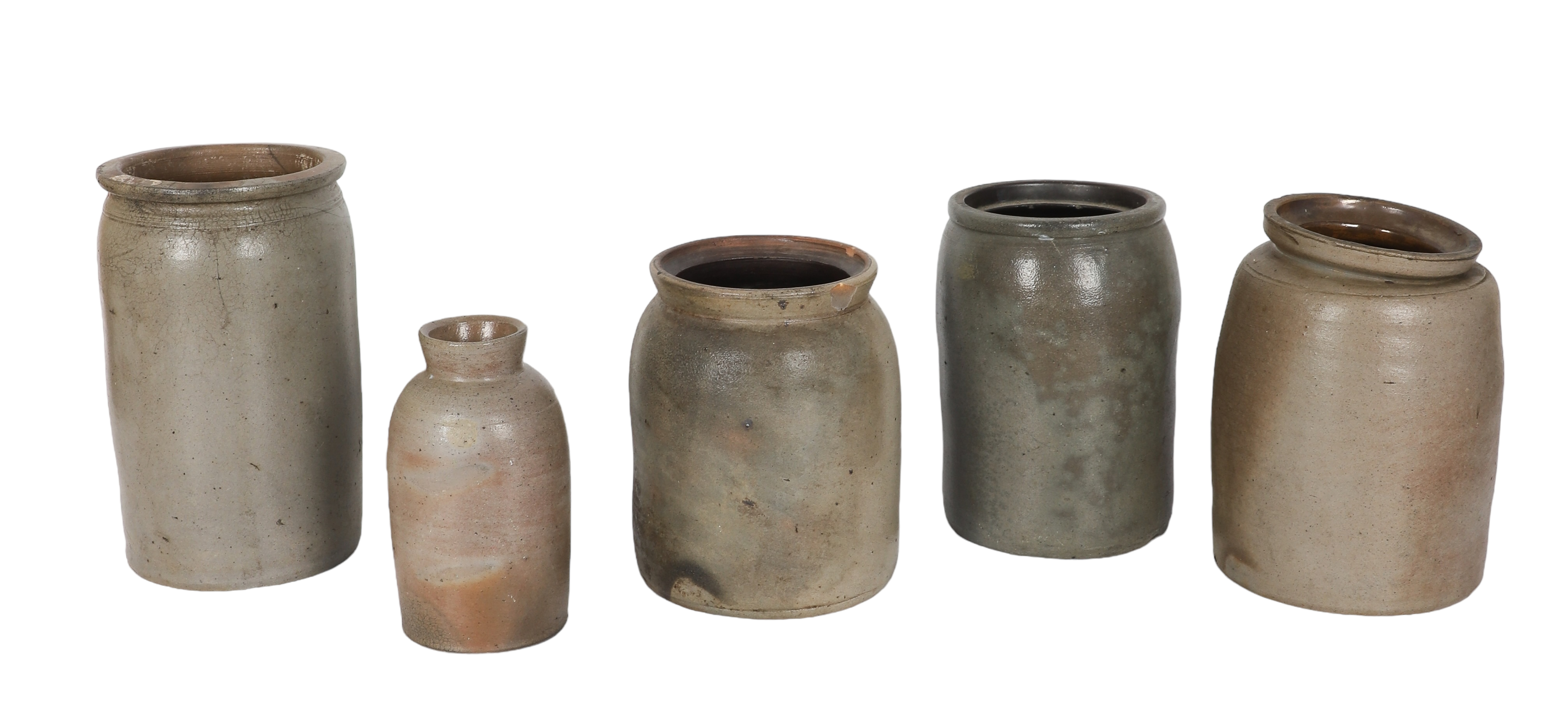 (5) Plain stoneware jars, tallest 10-1/2,