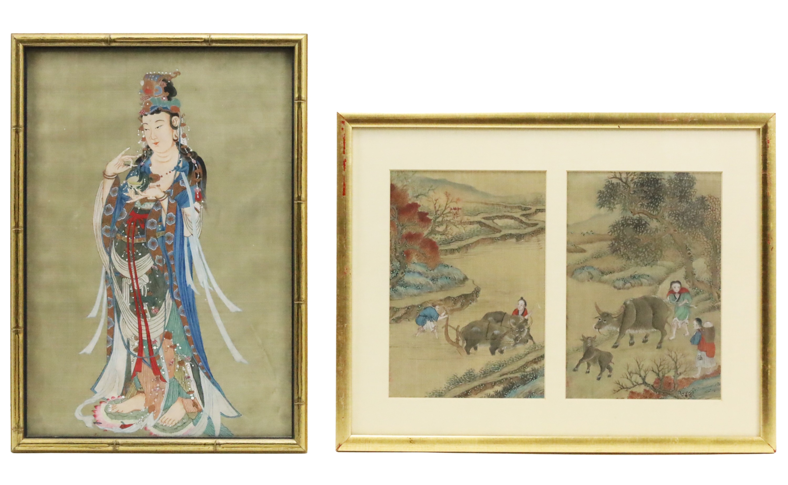 2 CHINESE WATERCOLOR ON SILK PAINTINGS 3b3b3d