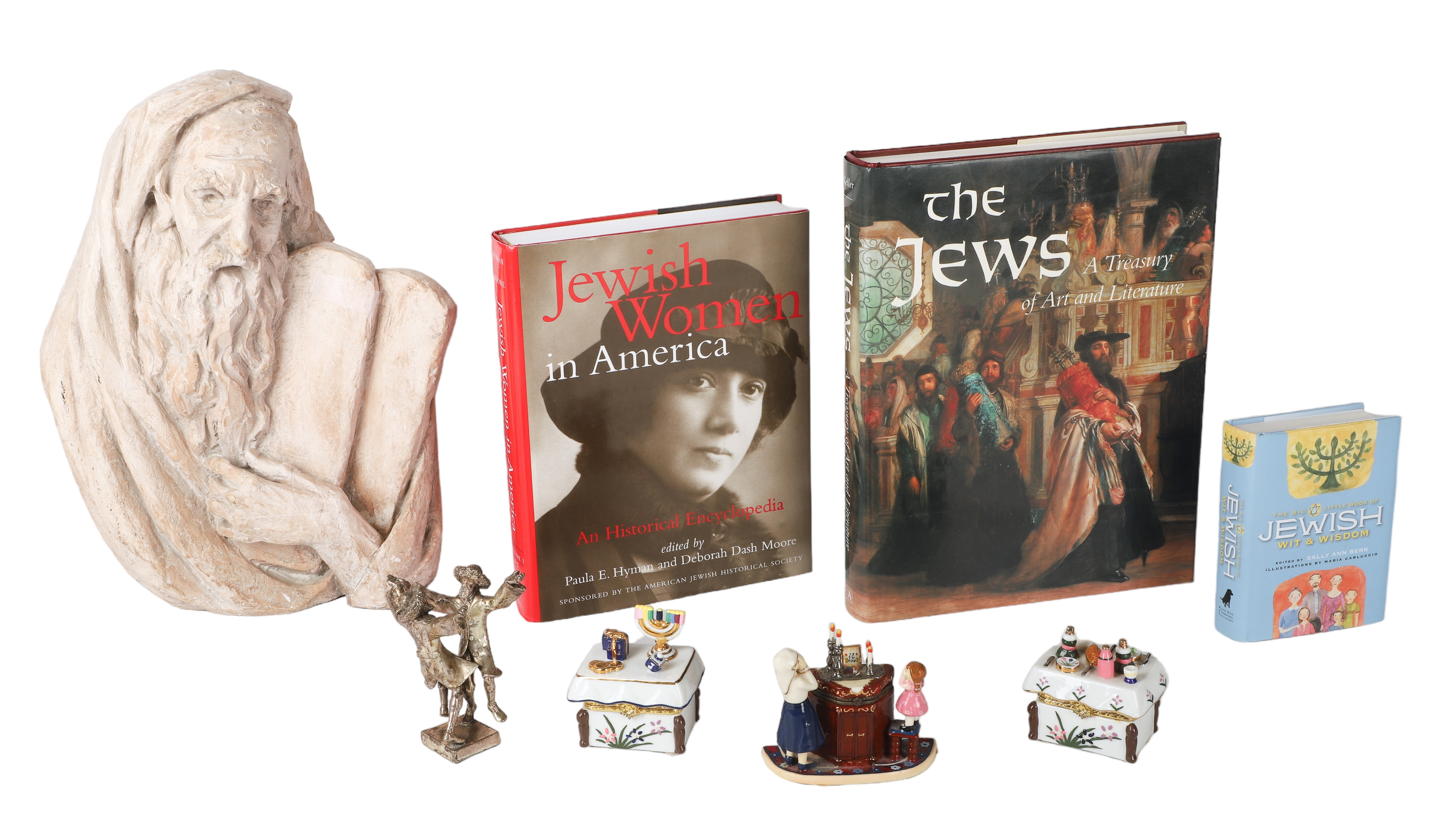 (2) Judaica sculptures, (3) books, (3)Trinket