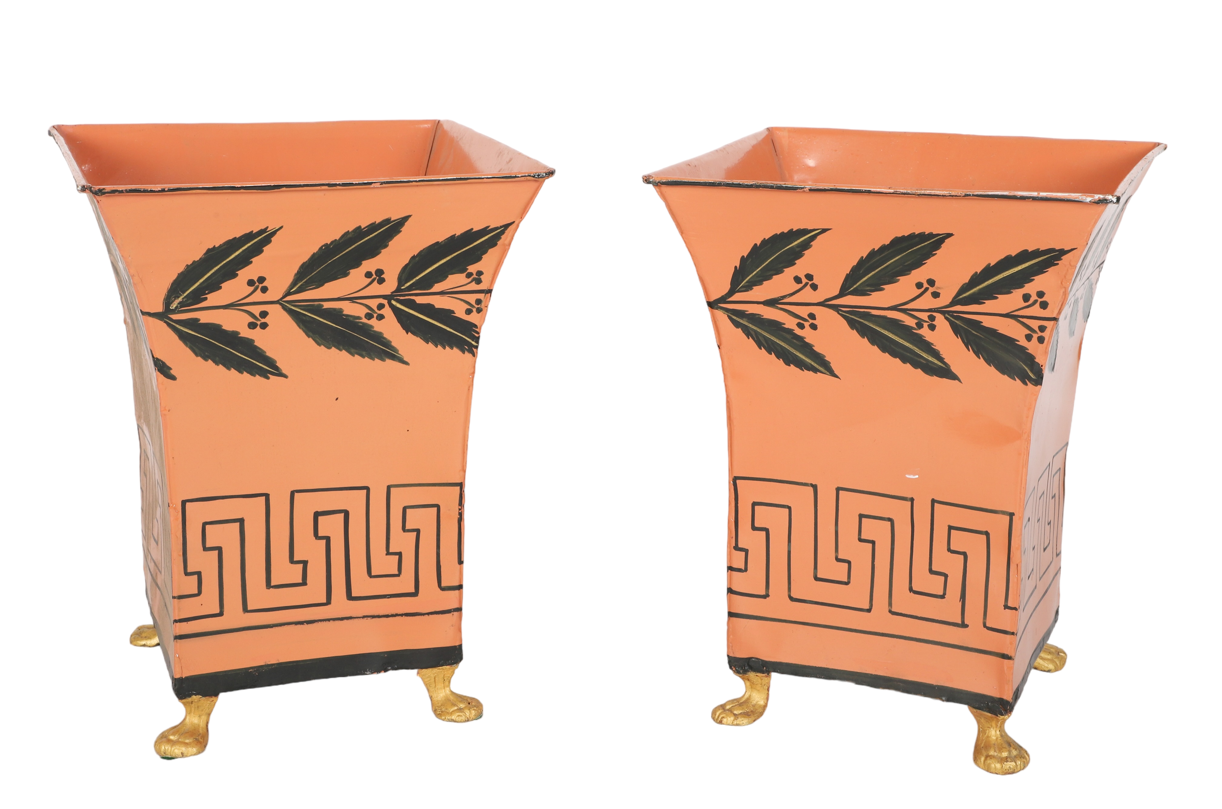 Pair of toleware cache pot, paw feet,