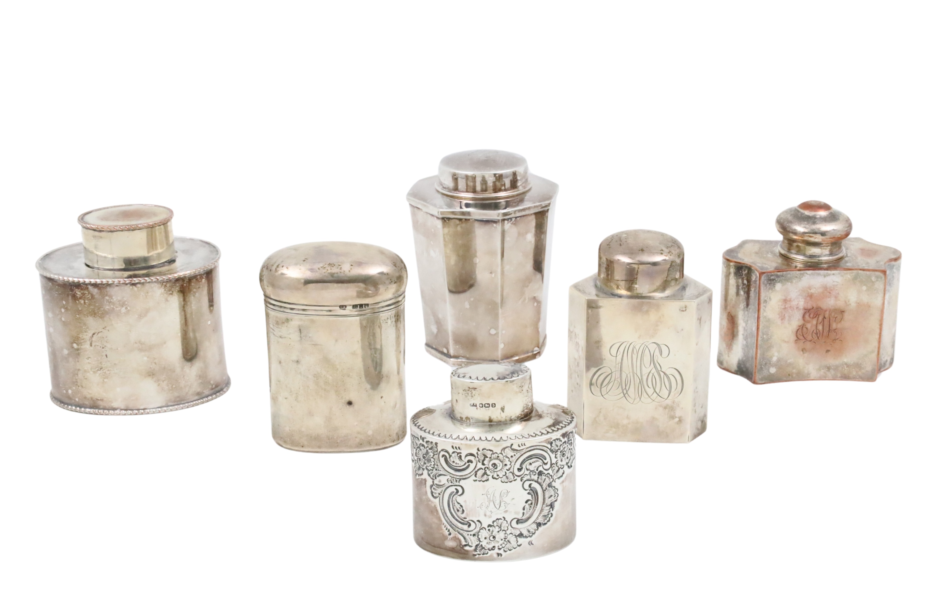 COLLECTION OF 6 SILVER TEA CADDIES