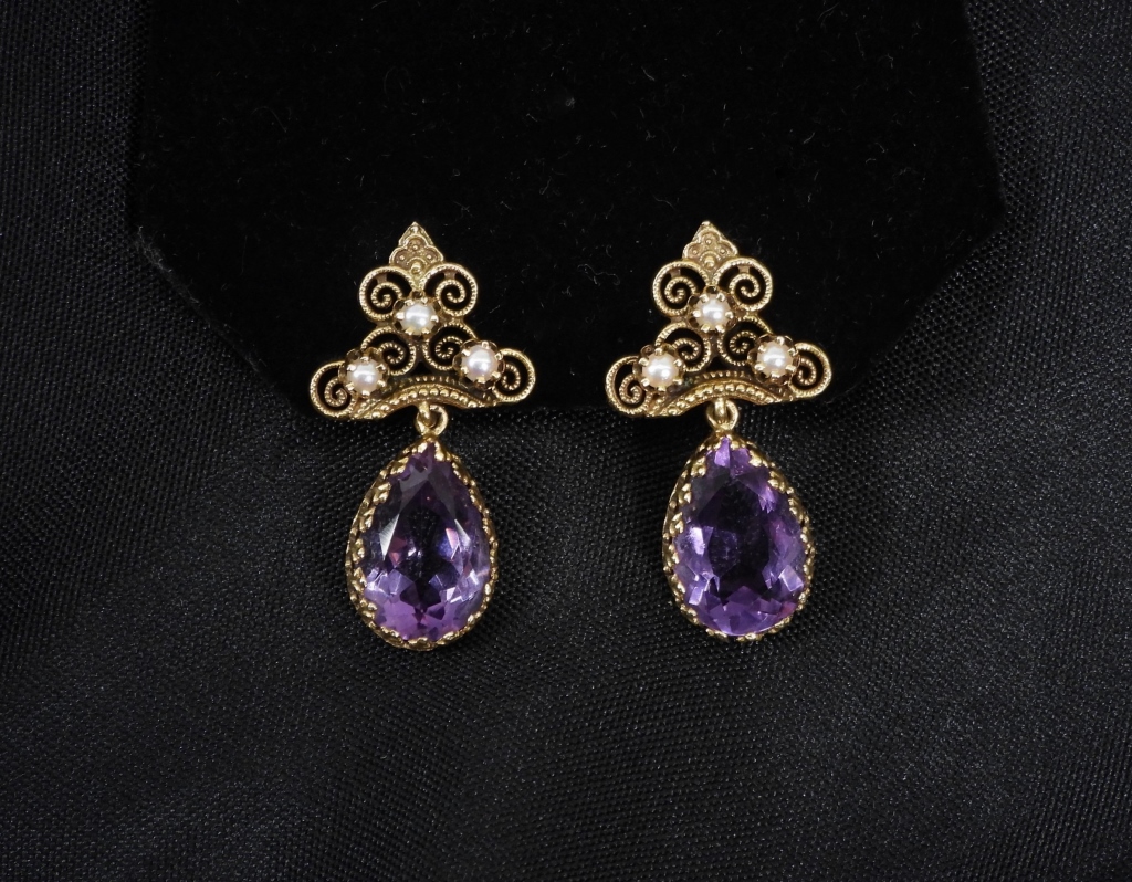 14K GOLD AMETHYST & PEARL DROP