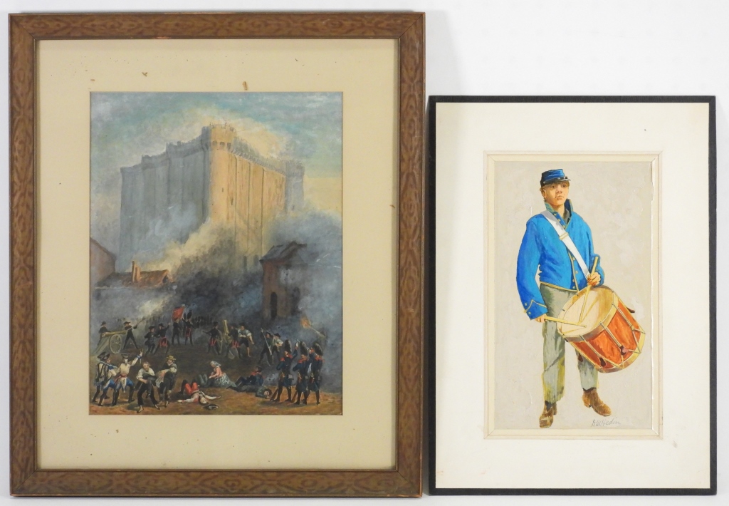 2PC MILITARY WC & OIL PAINTINGS United