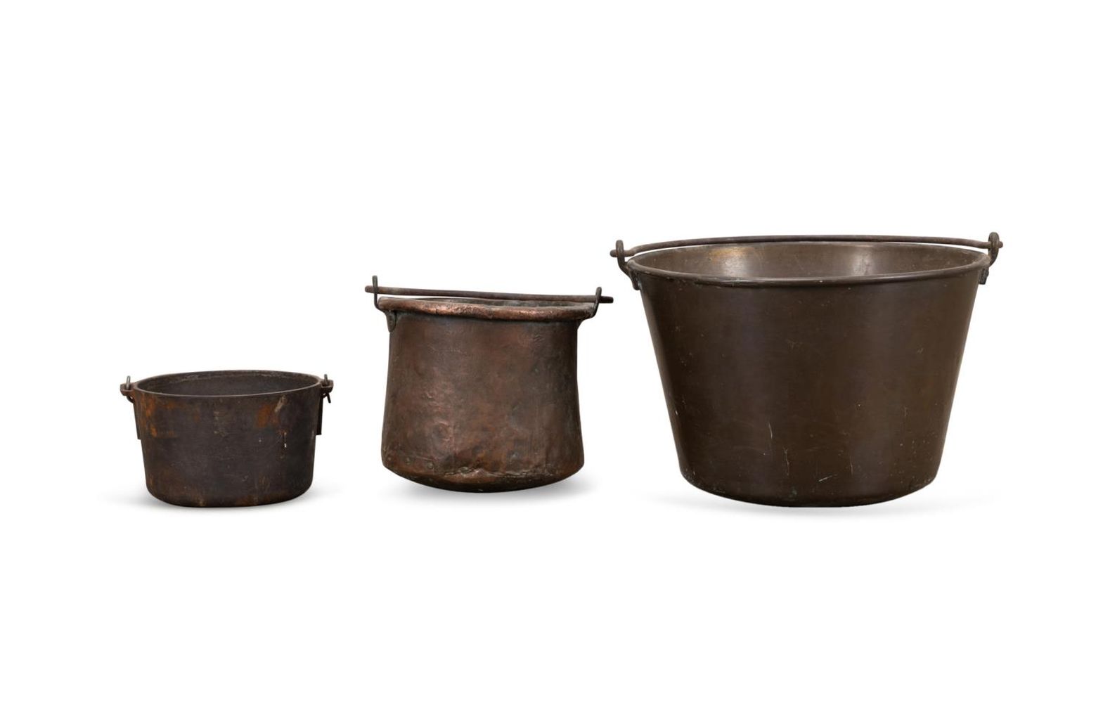 THREE HEAVY HANDLED ANTIQUE POTS & PAILS