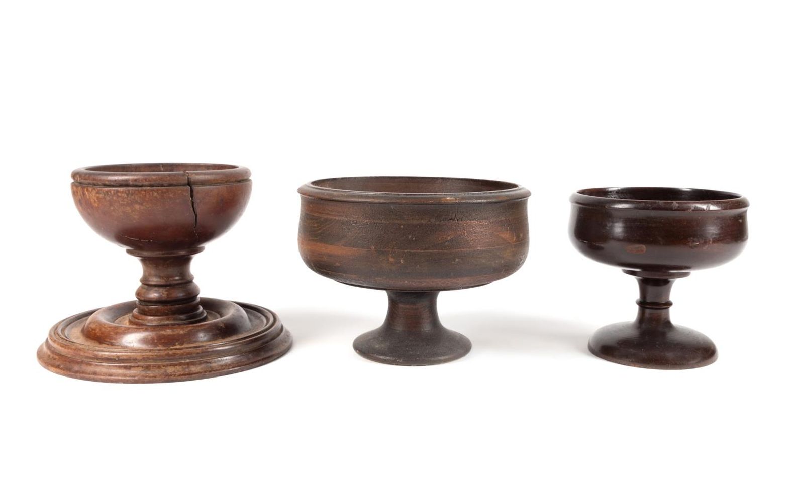 THREE 19TH C. TREENWARE WOODEN FOOTED