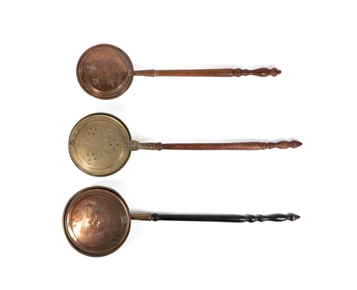 THREE BRASS AND COPPER BED WARMING PANS