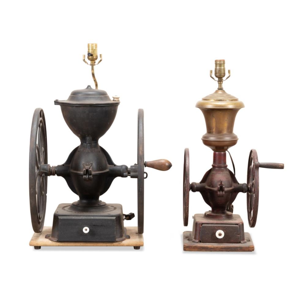 TWO 19TH C IRON COFFEE MILLS MOUNTED 3b3eb0