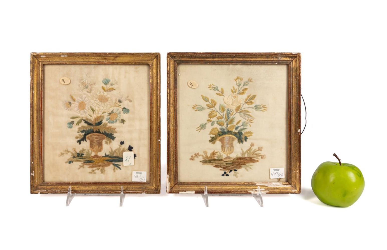 TWO GILT FRAMED SILK FLORAL EMBROIDERIES 3b3ef8