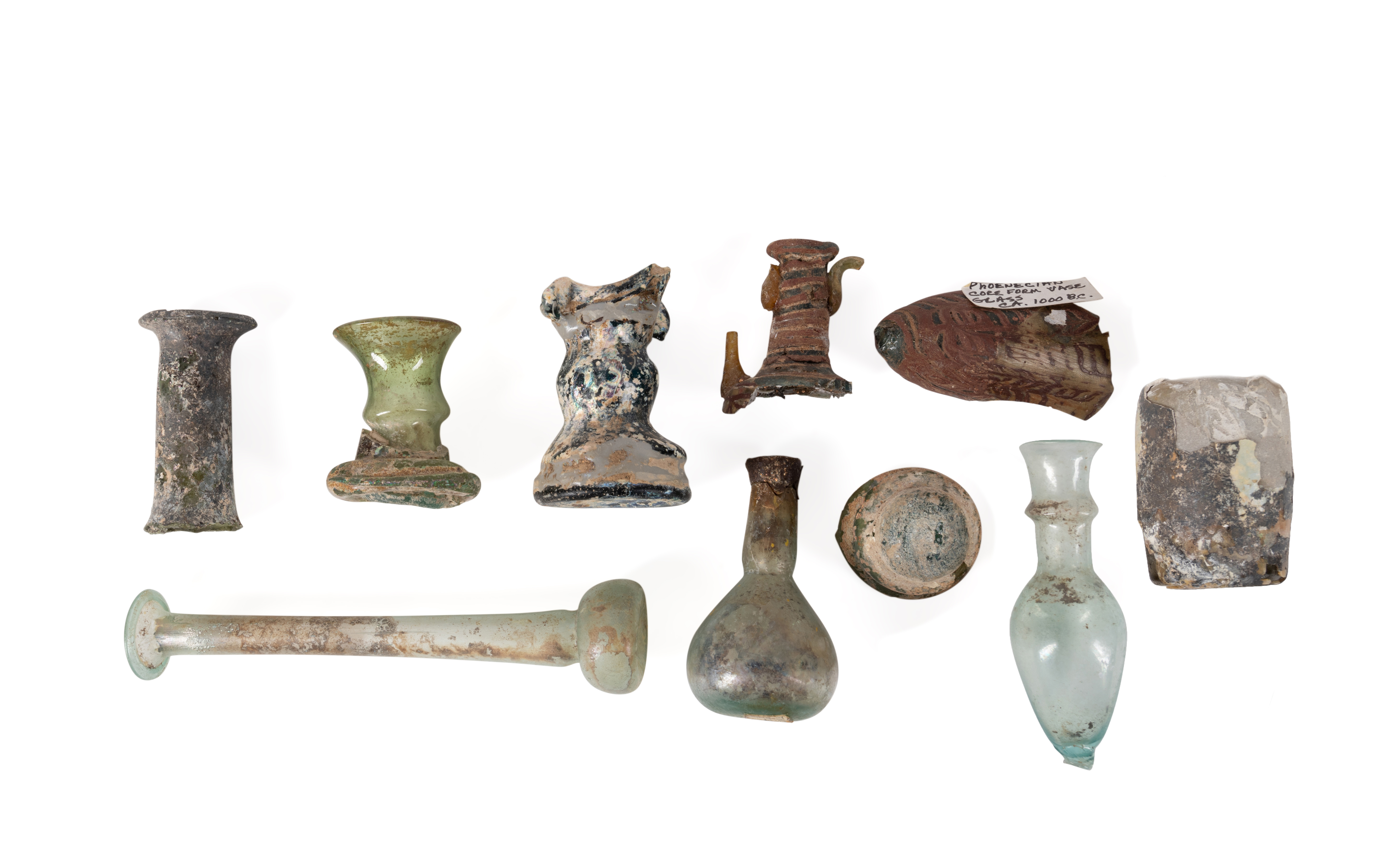 TEN ROMAN BLOWN CORE GLASS BOTTLES 3b3f34