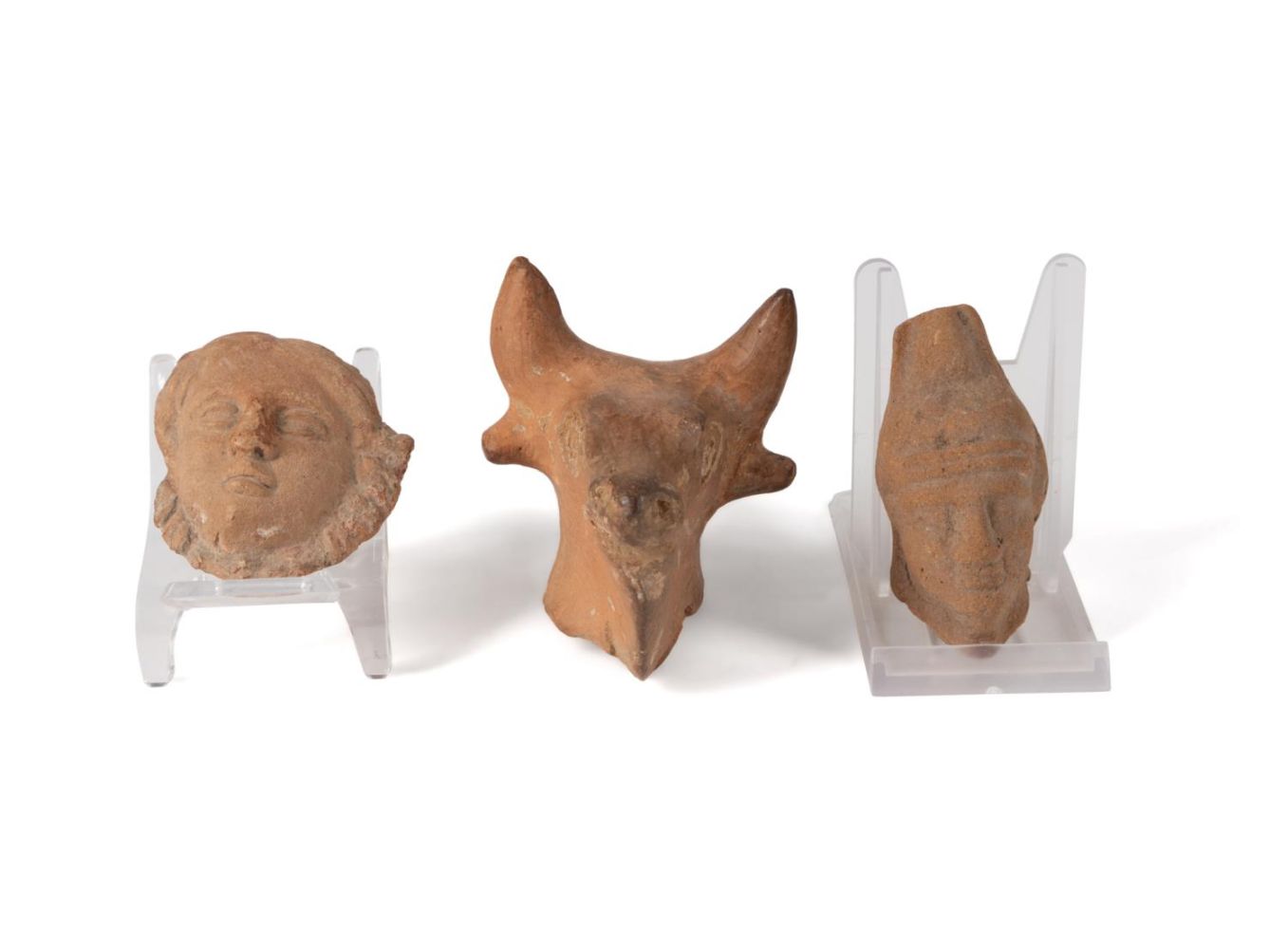 THREE ANCIENT POTTERY & STONE HEAD