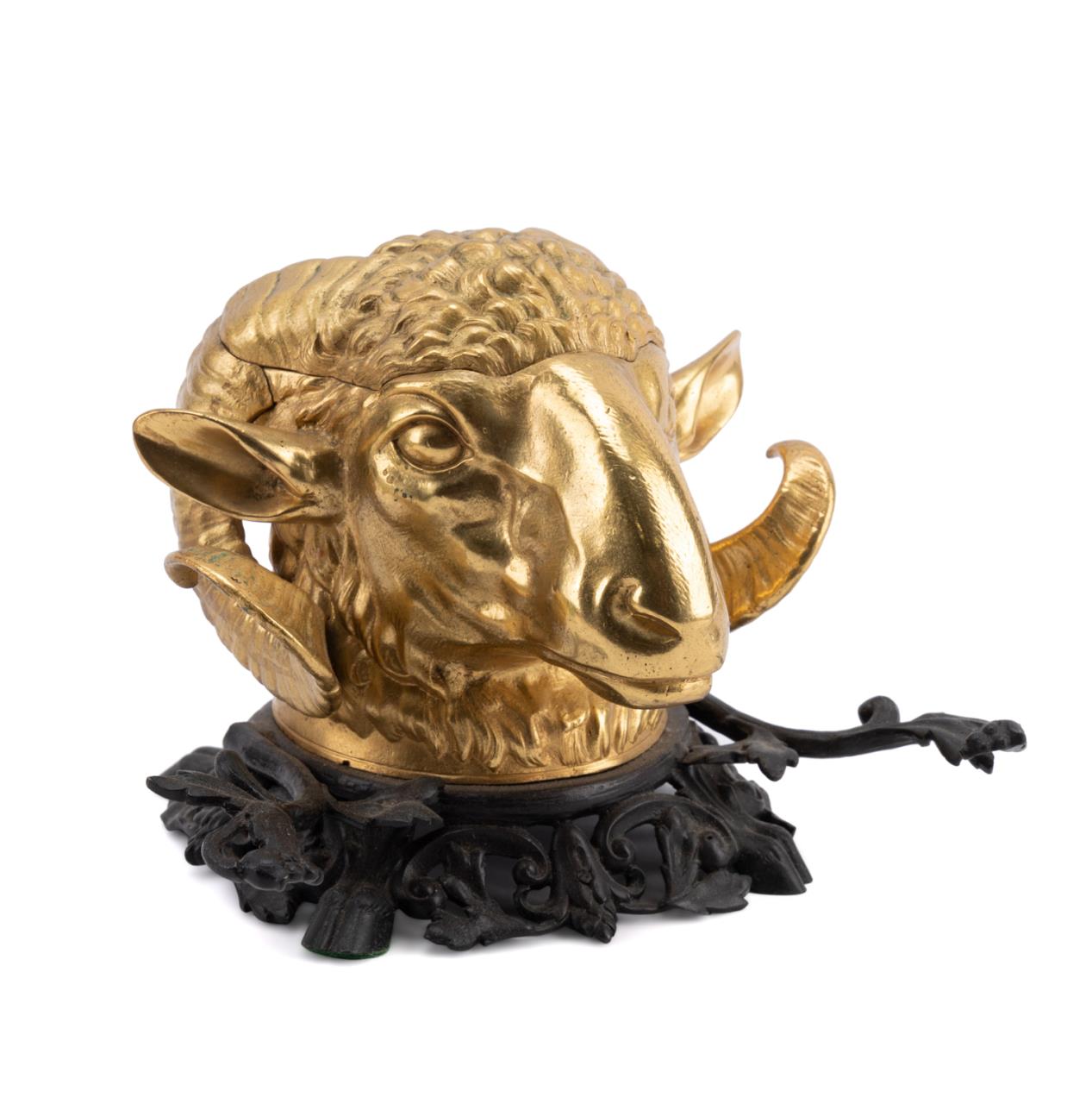 GILT BRASS RAM'S HEAD INKWELL ON