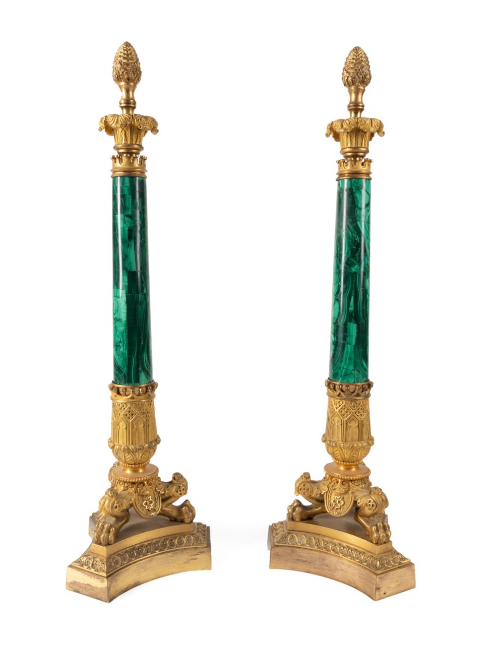 PAIR CHARLES X GILT BRONZE MALACHITE