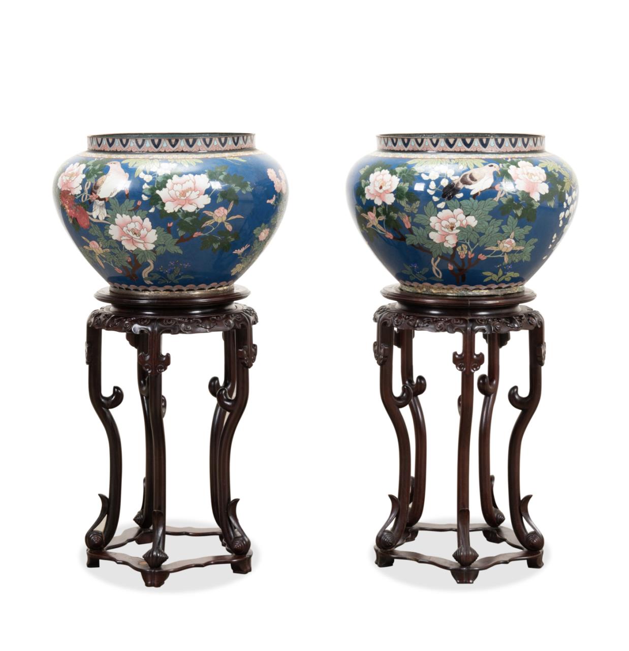 PAIR CHINESE CLOISONNE URNS ON