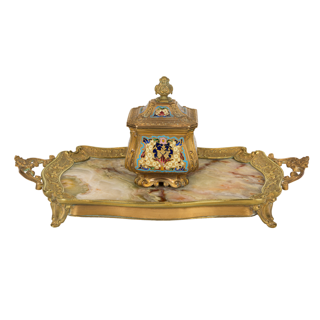 A FRENCH CHAMPLEVE ENAMEL INKWELL