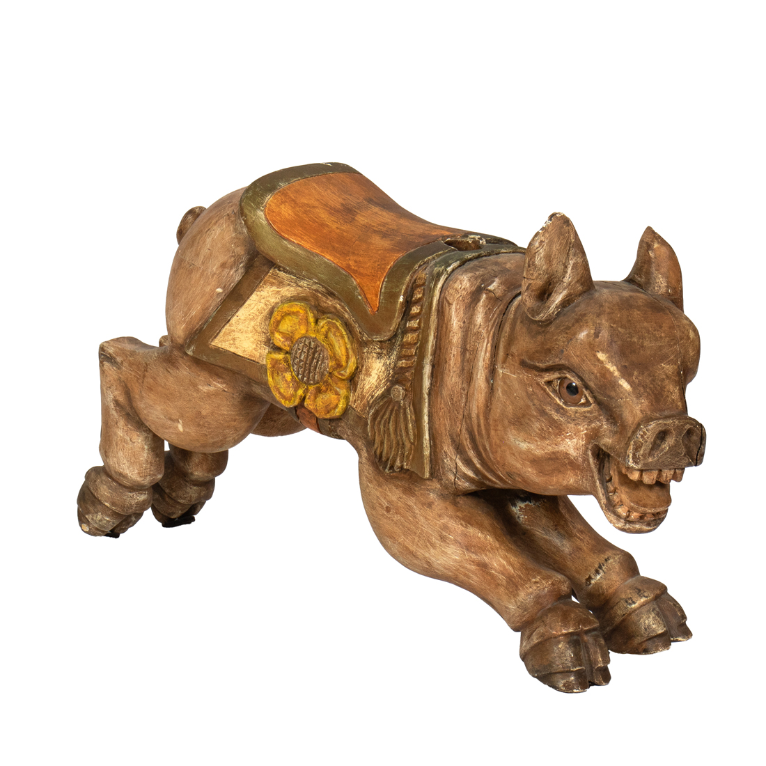 A PRIMITIVE CARVED CAROUSEL PIG