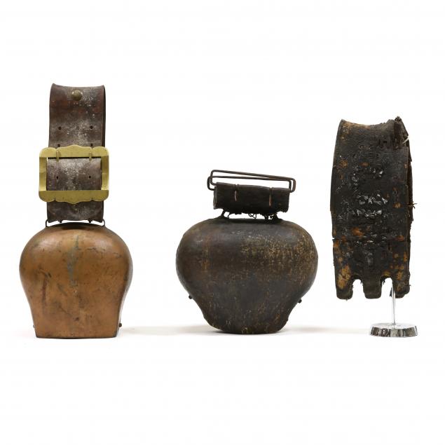TWO LARGE COW BELLS WITH LEATHER COLLARS
