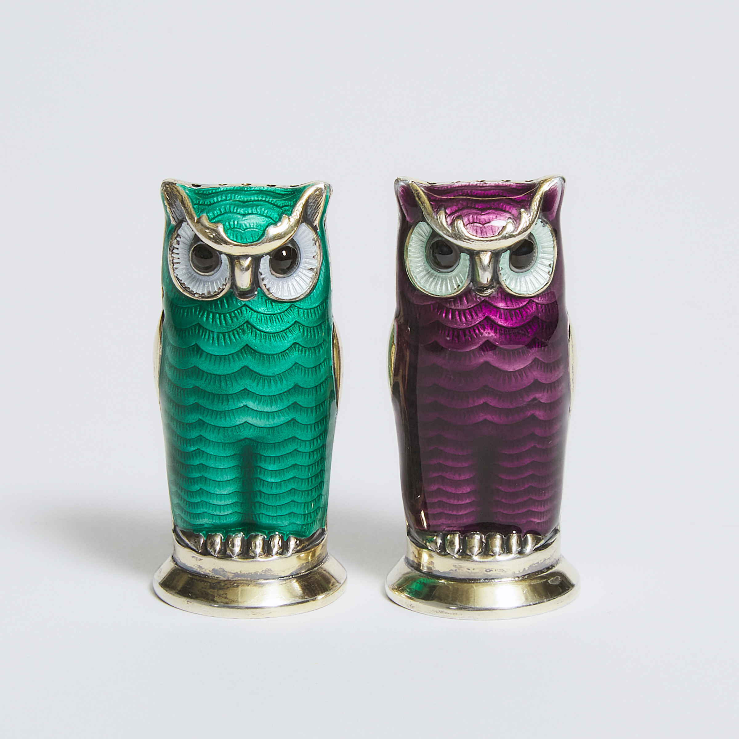 Pair of Norwegian Enameled Silver Owl-Form