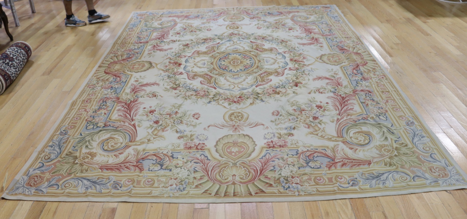 VINTAGE HAND WOVEN AUBUSSON CARPET.