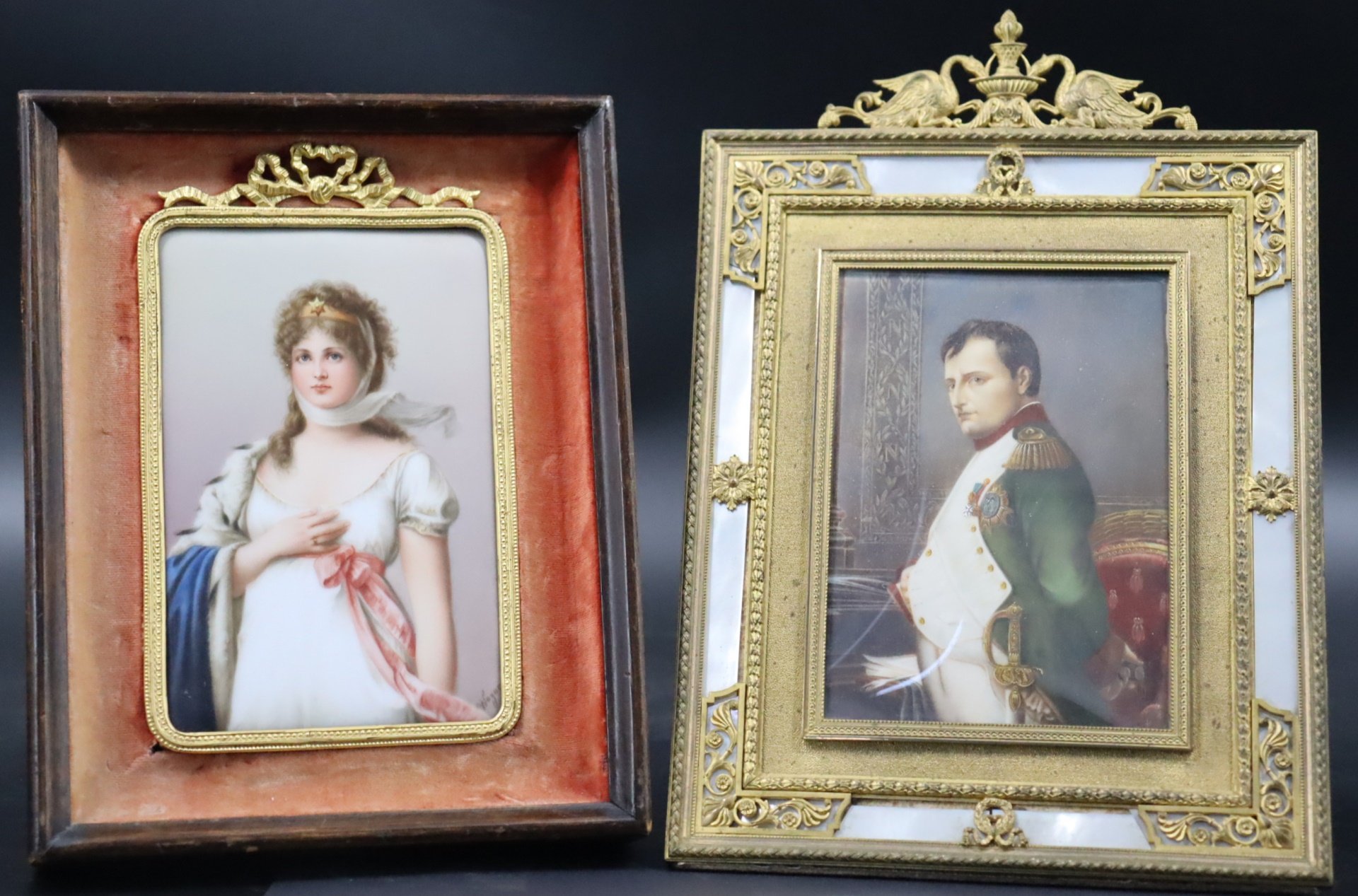 2 ANTIQUE HAND PAINTED BRONZE FRAMED