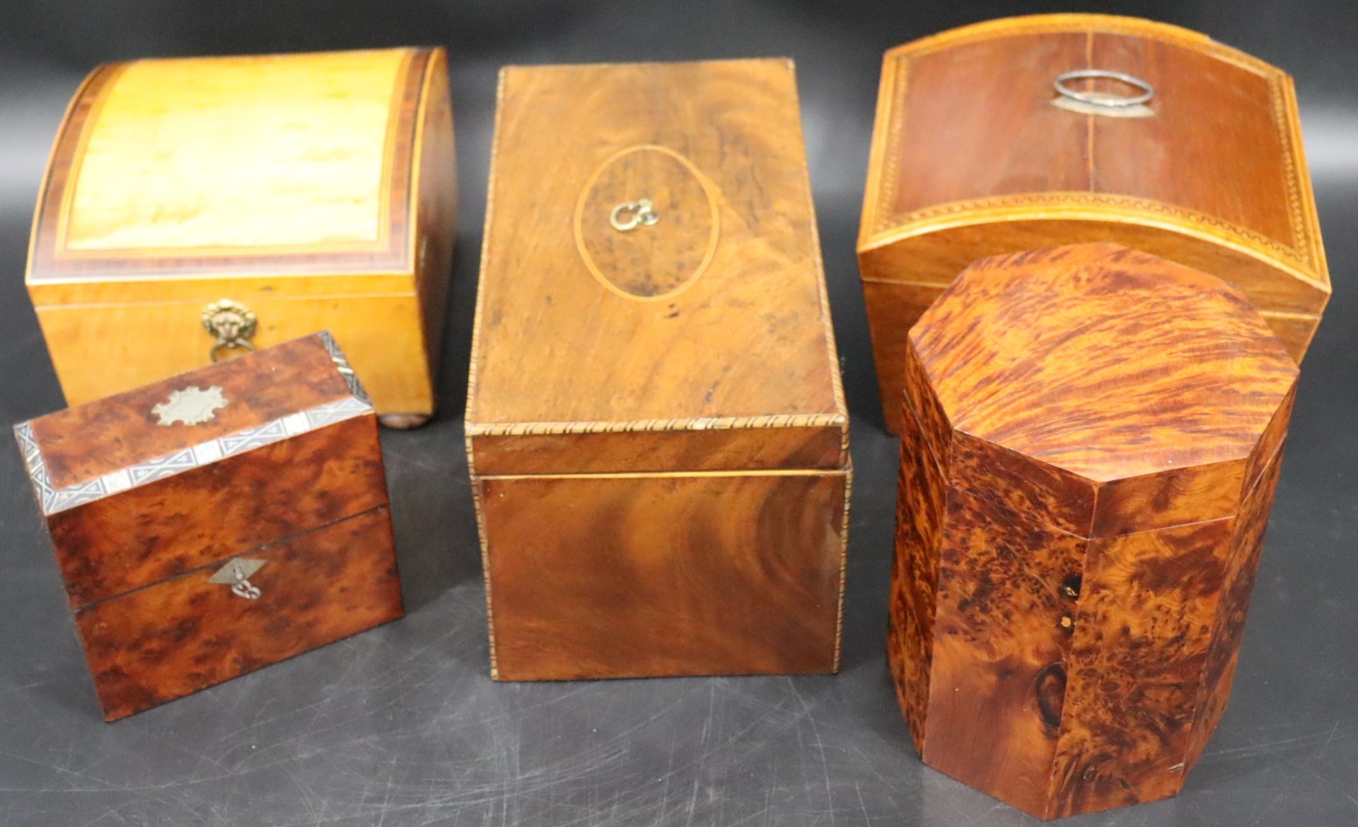 GROUP OF FIVE ANTIQUE BOXES INCLUDING