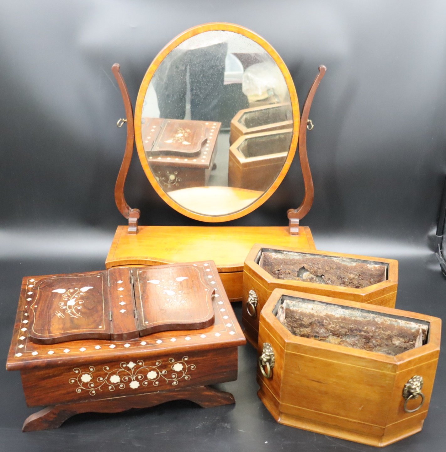 ANTIQUE WOODEN SHAVING MIRROR &