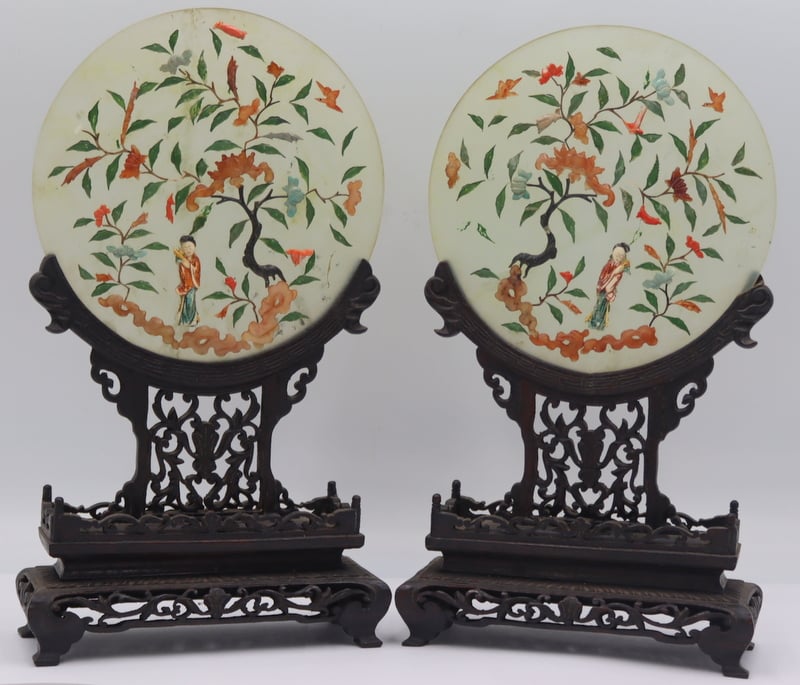 PAIR OF CHINESE INLAID JADE DISCS 3b70e9